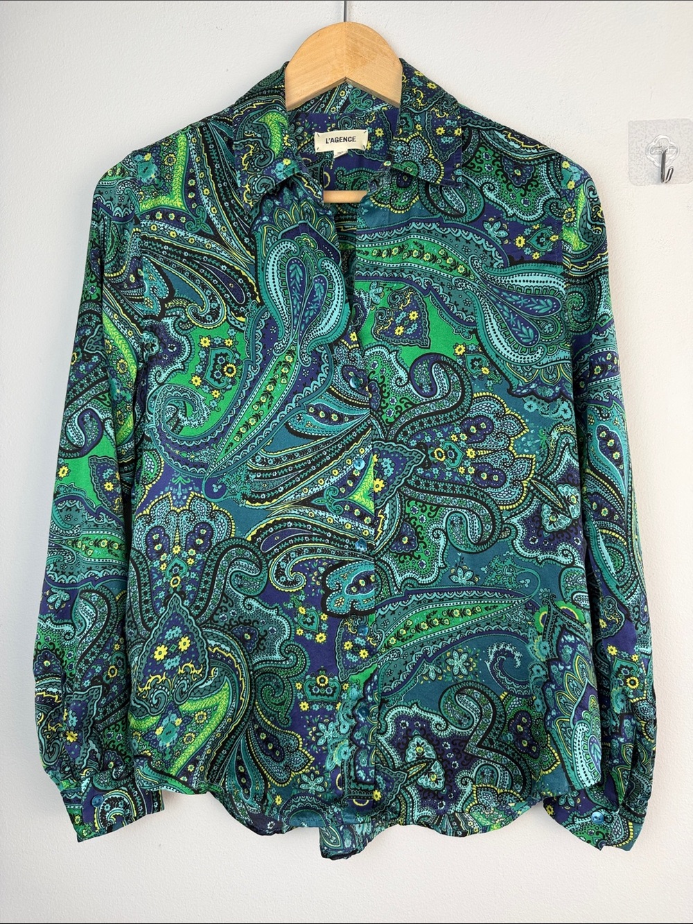 L’Agence Tyler Silk Blouse Deep Lagoon Paisley Bandana Button Up Long Sleeve XST